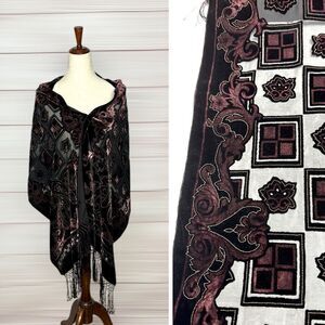 Dark Burgundy Scarf Shawl Burnout Velvet Silk Lined Fringes